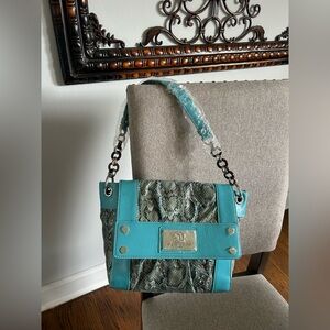 Sharif Teal Snake-Pattern Shoulder Bag w Silver Accents
